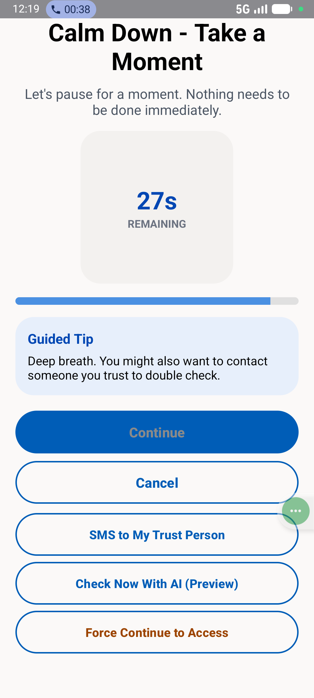 Calm-down timer screen