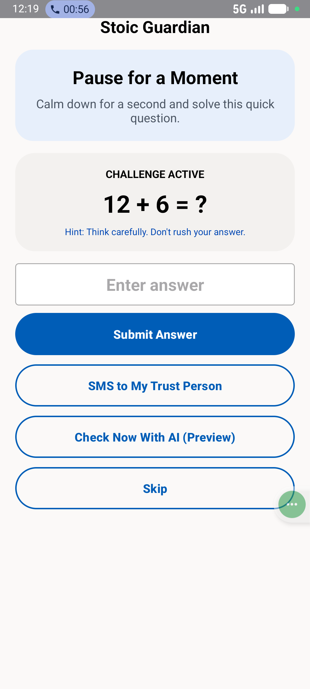 Math challenge screen