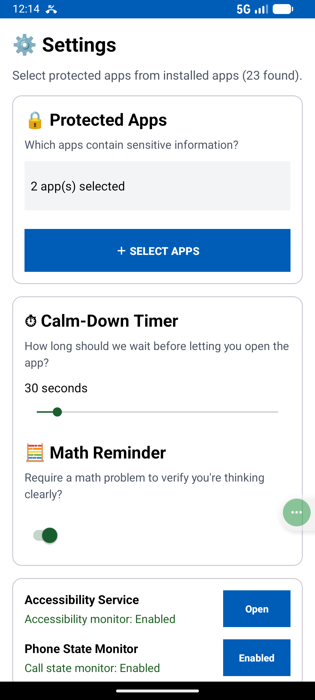 Settings configuration screen